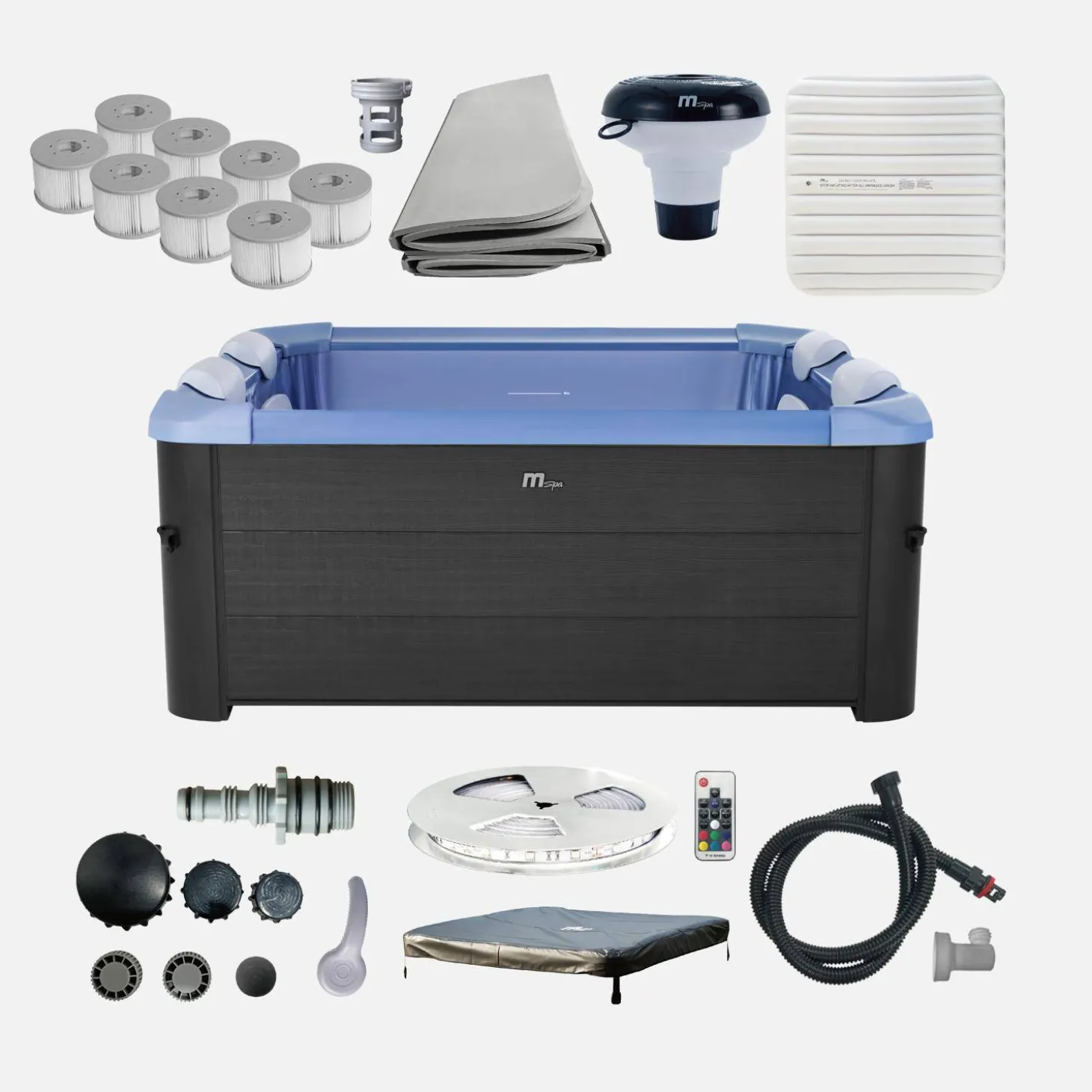 Vaste spa 6 plaatsen, 160cm vierkant, hydromassage met 4 kussens, 8 filters en afdekzeil