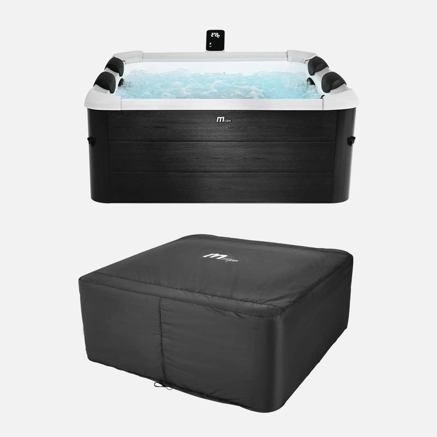 Vaste spa voor 6 personen, 180 cm vierkant, hydromassage, 4 kussens, afdekzeil + hoes