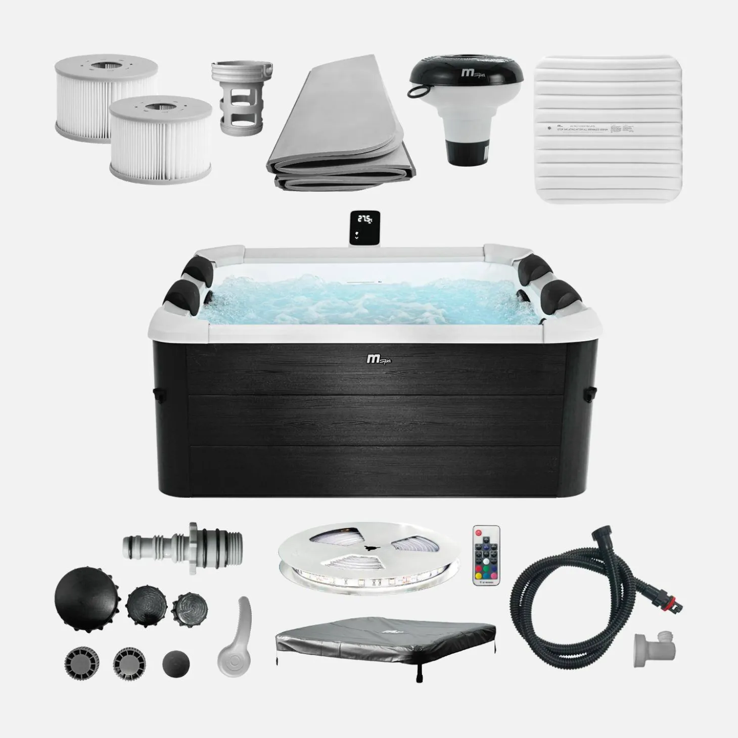 Vaste spa voor 6 personen, 180 cm vierkant, hydromassage, 4 kussens, afdekzeil + hoes