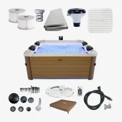 Vaste spa voor 6 personen, 160 cm vierkant, hydromassage, 4 kussens, afdekzeil + thermische hoes