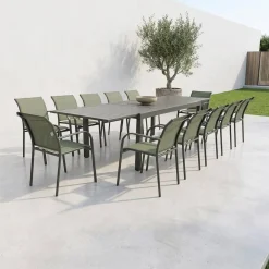 Verlengbare tuintafel met 10 stoelen van aluminium en textileen