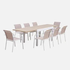 Verlengbare tuintafel met 8 stoelen van aluminium en textileen
