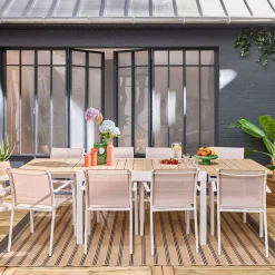 Verlengbare tuintafel met 8 stoelen van aluminium en textileen