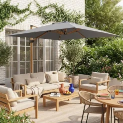 Vierkante offset parasol 3x3m, paal met houteffect