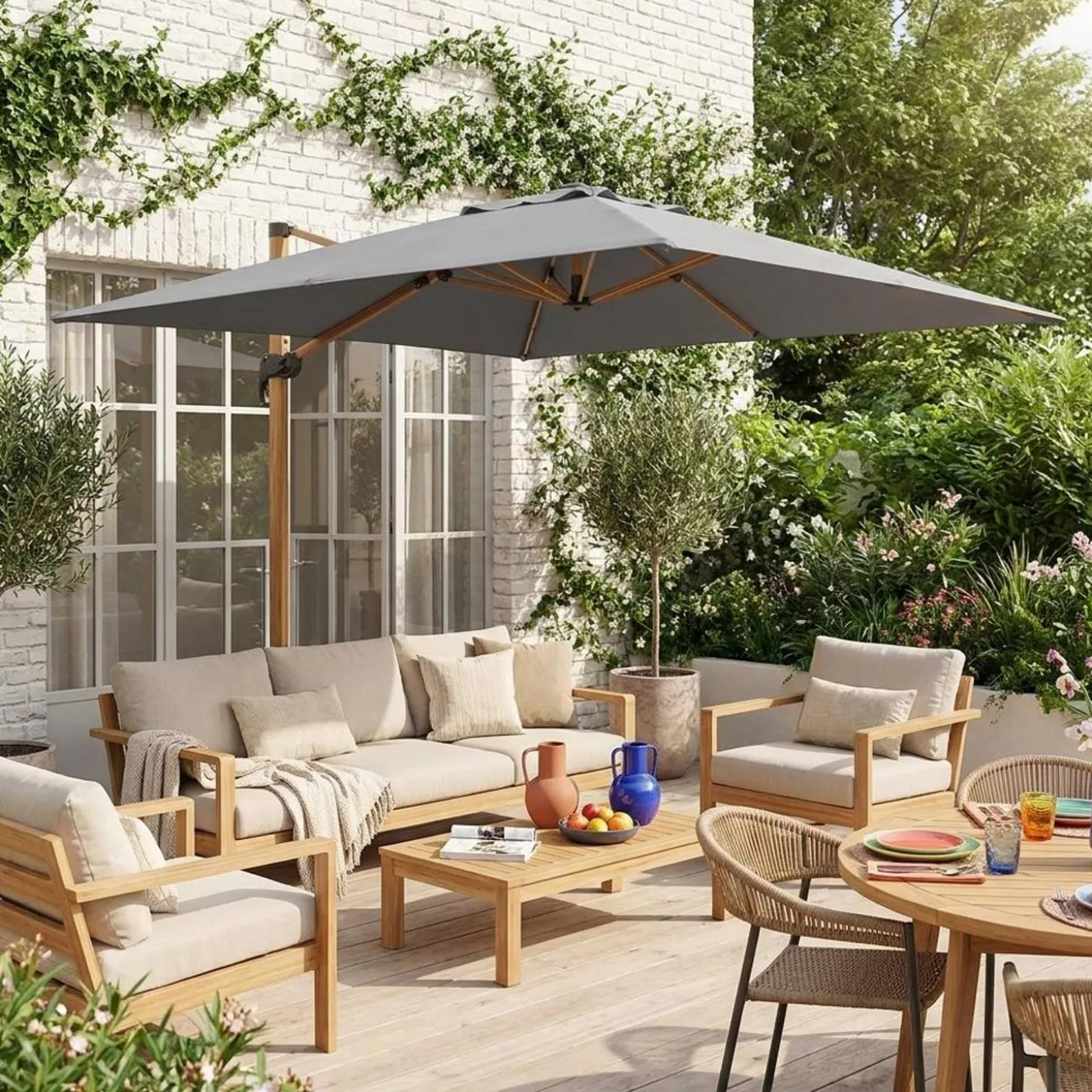 Vierkante offset parasol 3x3m, paal met houteffect