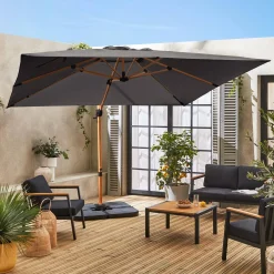 Vierkante offset parasol 3x3m, paal met houteffect