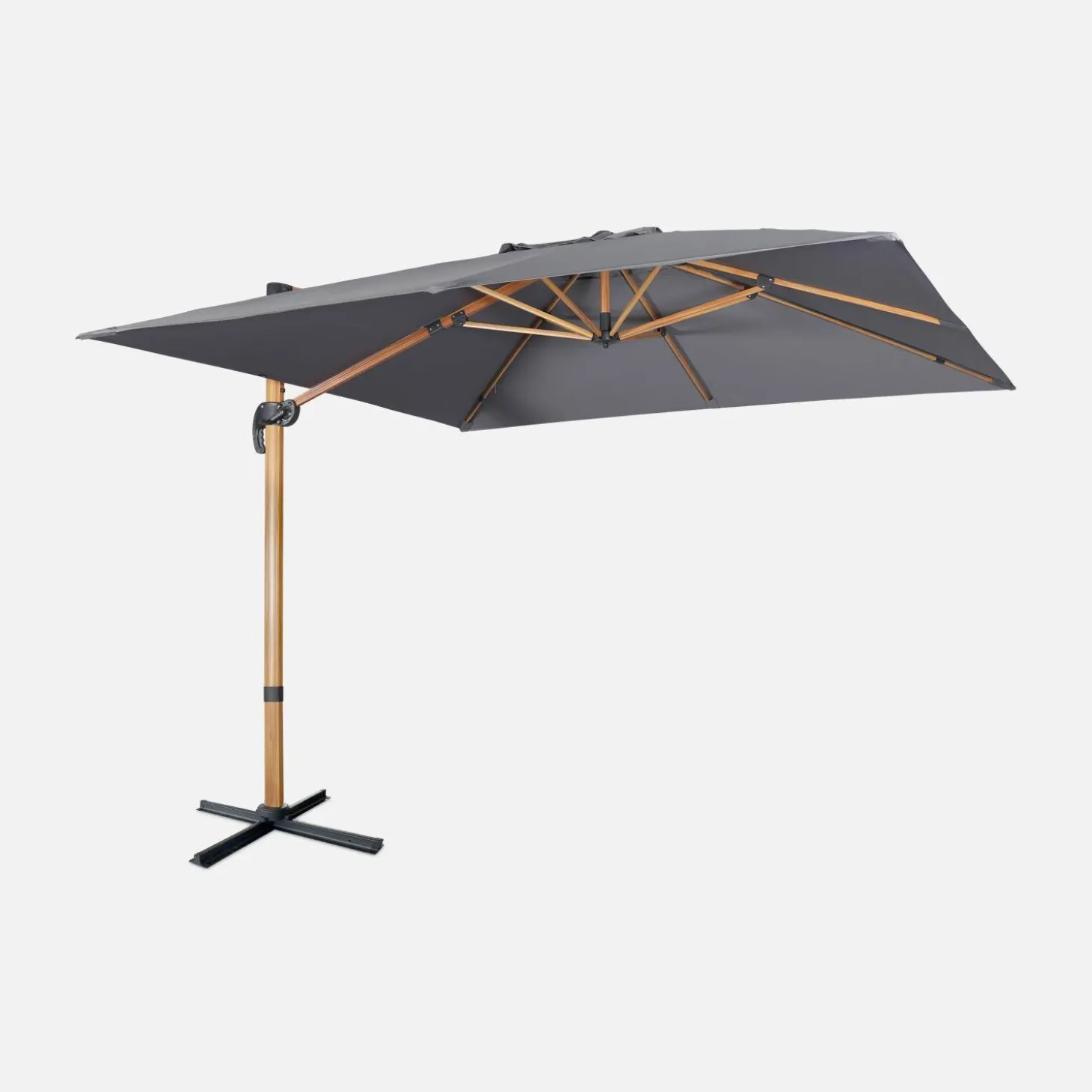 Vierkante offset parasol 3x3m, paal met houteffect