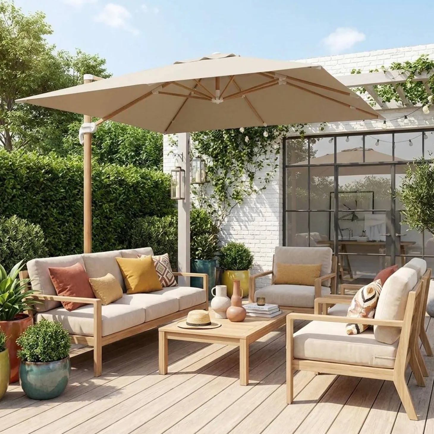 Vierkante offset parasol 3x3m, paal met houteffect