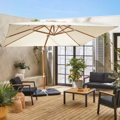 Vierkante offset parasol 3x3m, paal met houteffect