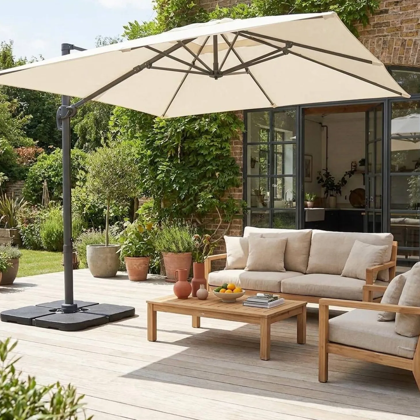 Vierkante offset parasol 3x3m + set van 4 verzwaarde tegels 50x50cm