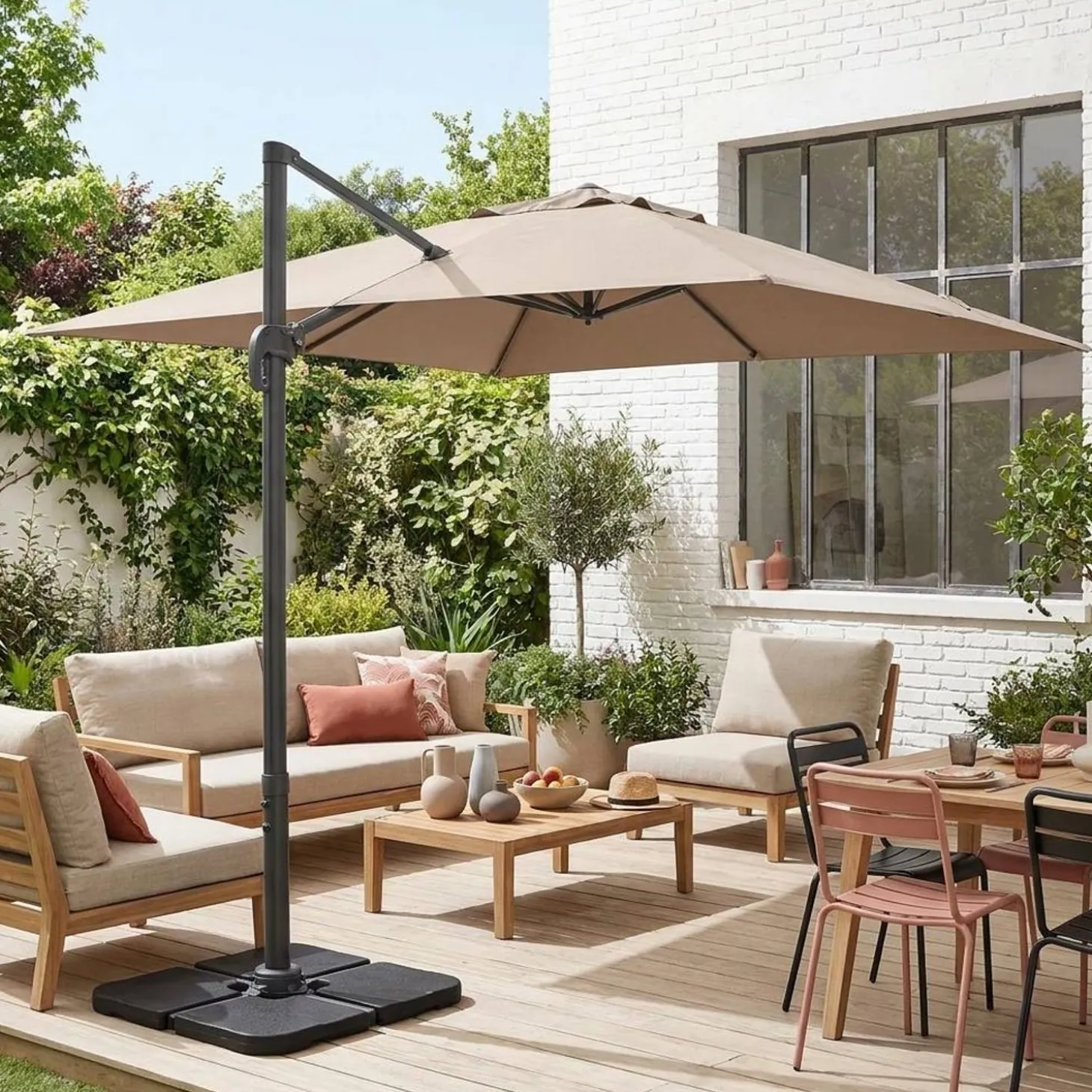 Vierkante offset parasol 3x3m + set van 4 verzwaarde tegels 50x50cm