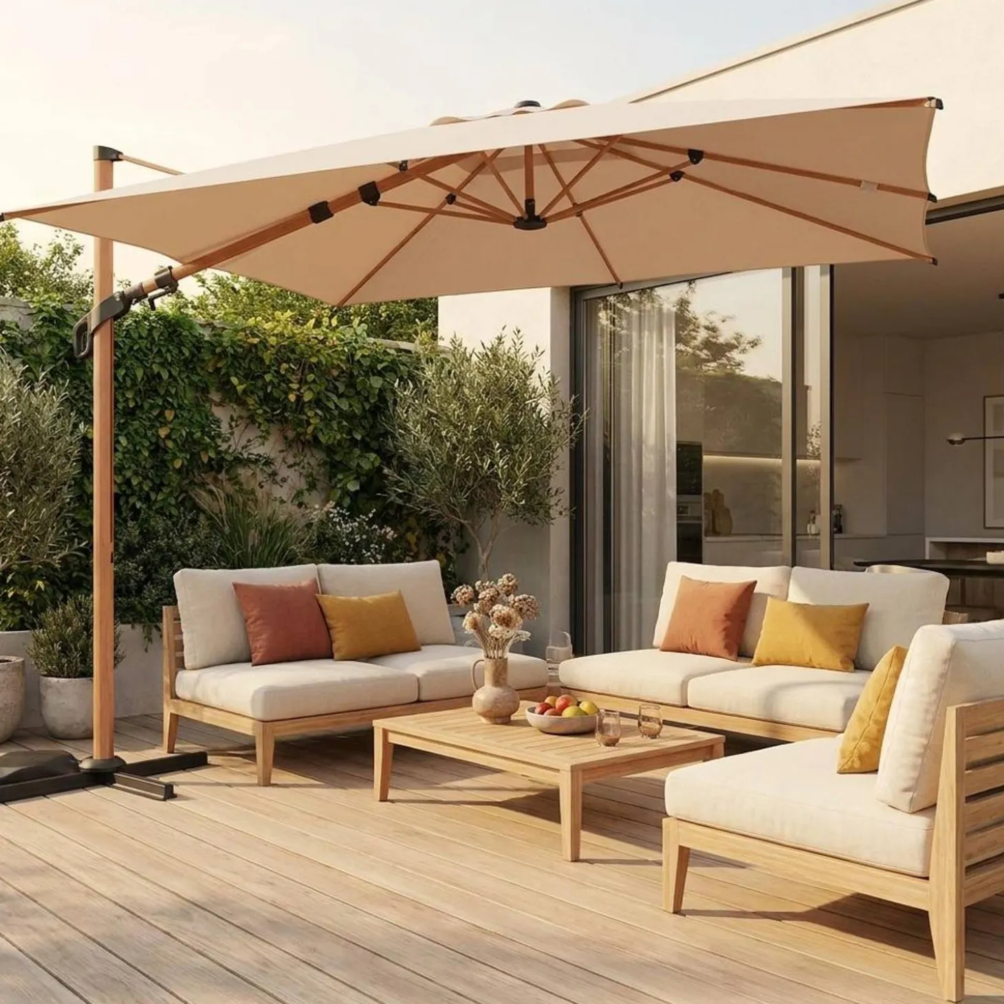 Vierkante parasol 3x3m, mast met houtlook