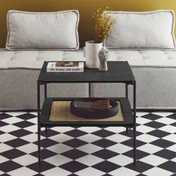 Vierkante salontafel met houtlook en vlechtwerk, dubbele bladen