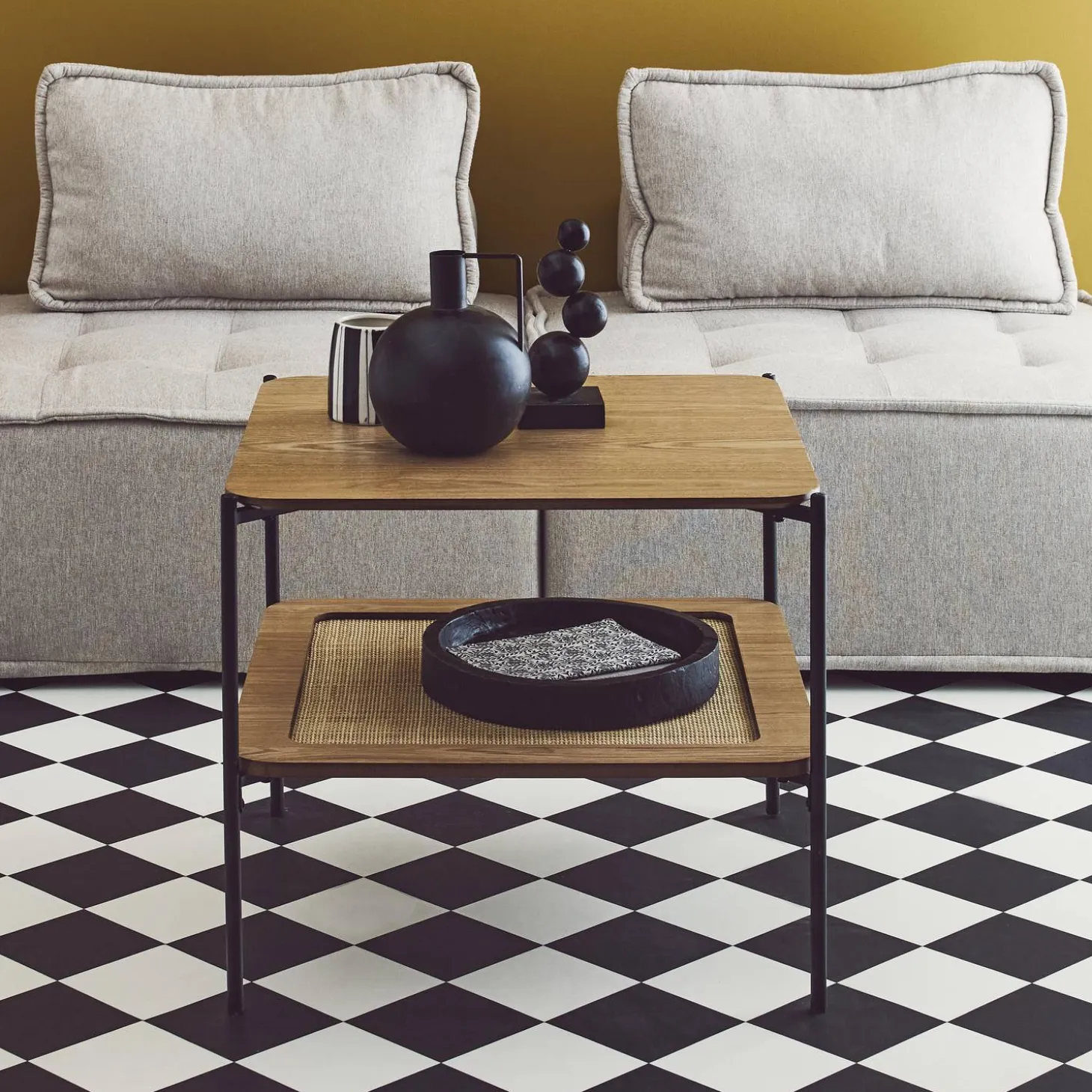 Vierkante salontafel met houtlook en vlechtwerk, dubbele bladen