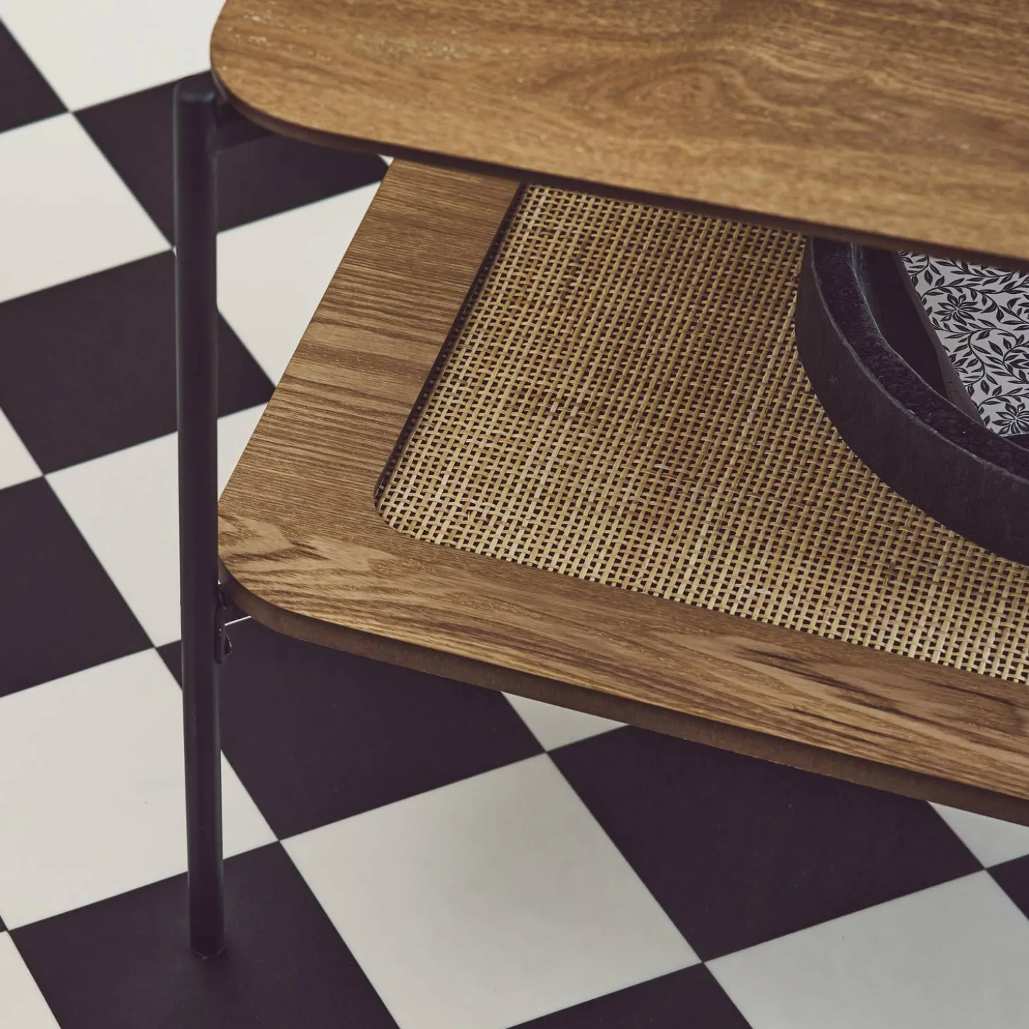 Vierkante salontafel met houtlook en vlechtwerk, dubbele bladen