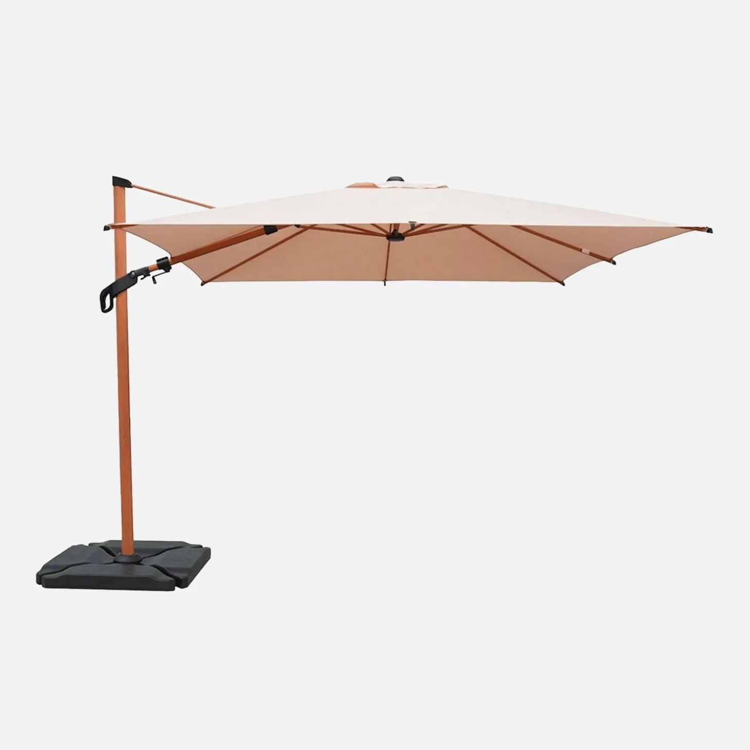 Vierkante zweefparasol 3x3m met houteffect mast + ballasttegels 50x50cm