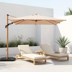 Vierkante zweefparasol 3x3m met houteffect mast + ballasttegels 50x50cm