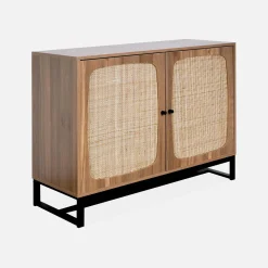 Vintage dressoir 2 deuren houtdecor rotan en metaal 100cm