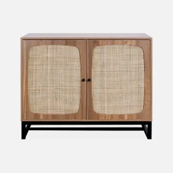 Vintage dressoir 2 deuren houtdecor rotan en metaal 100cm