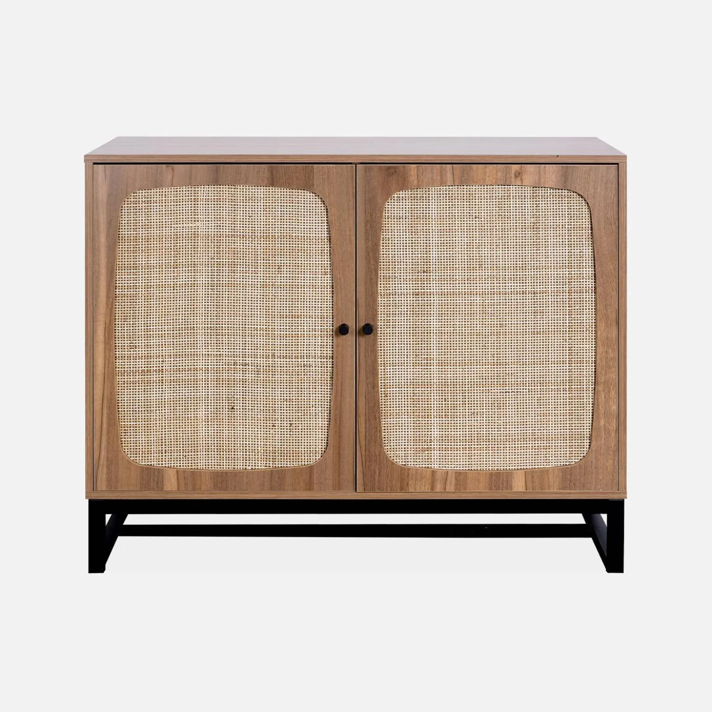 Vintage dressoir 2 deuren houtdecor rotan en metaal 100cm