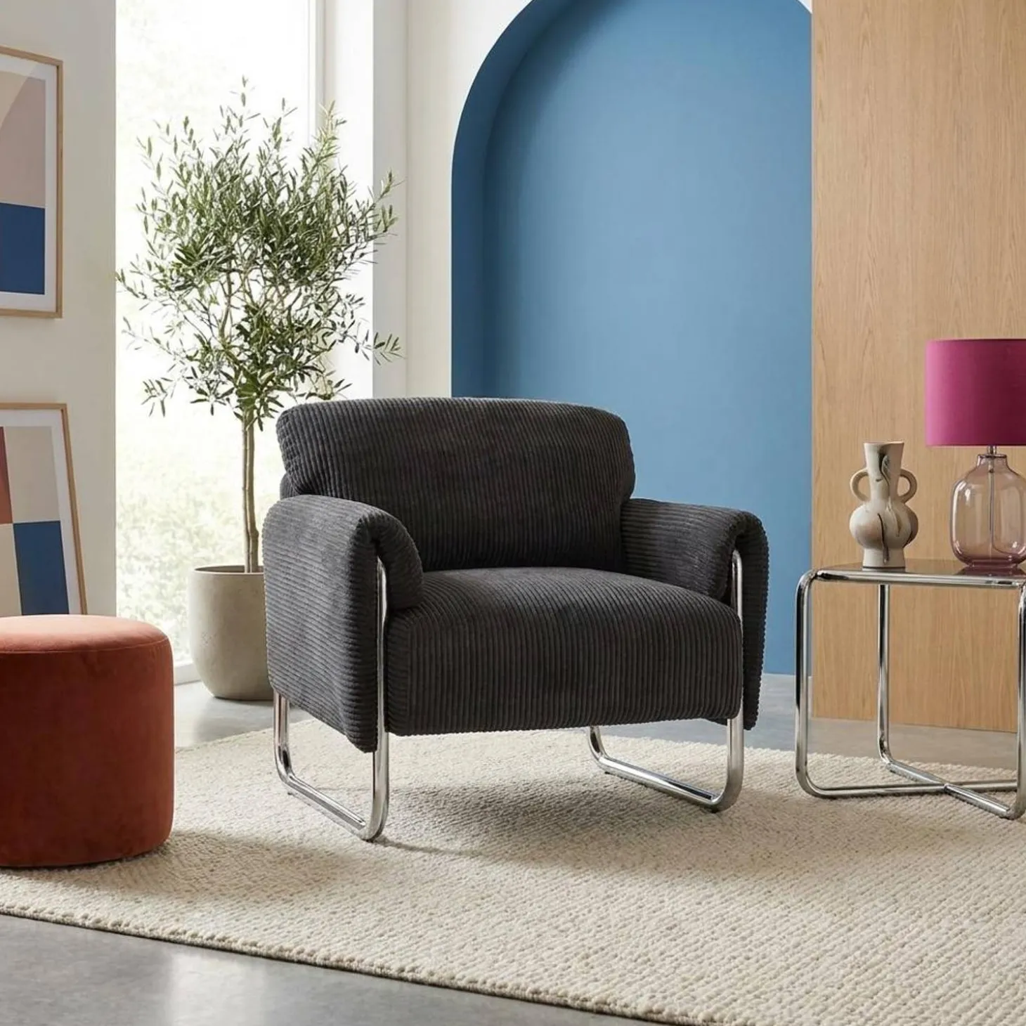 Vintage fauteuil van corduroy met chromen frame