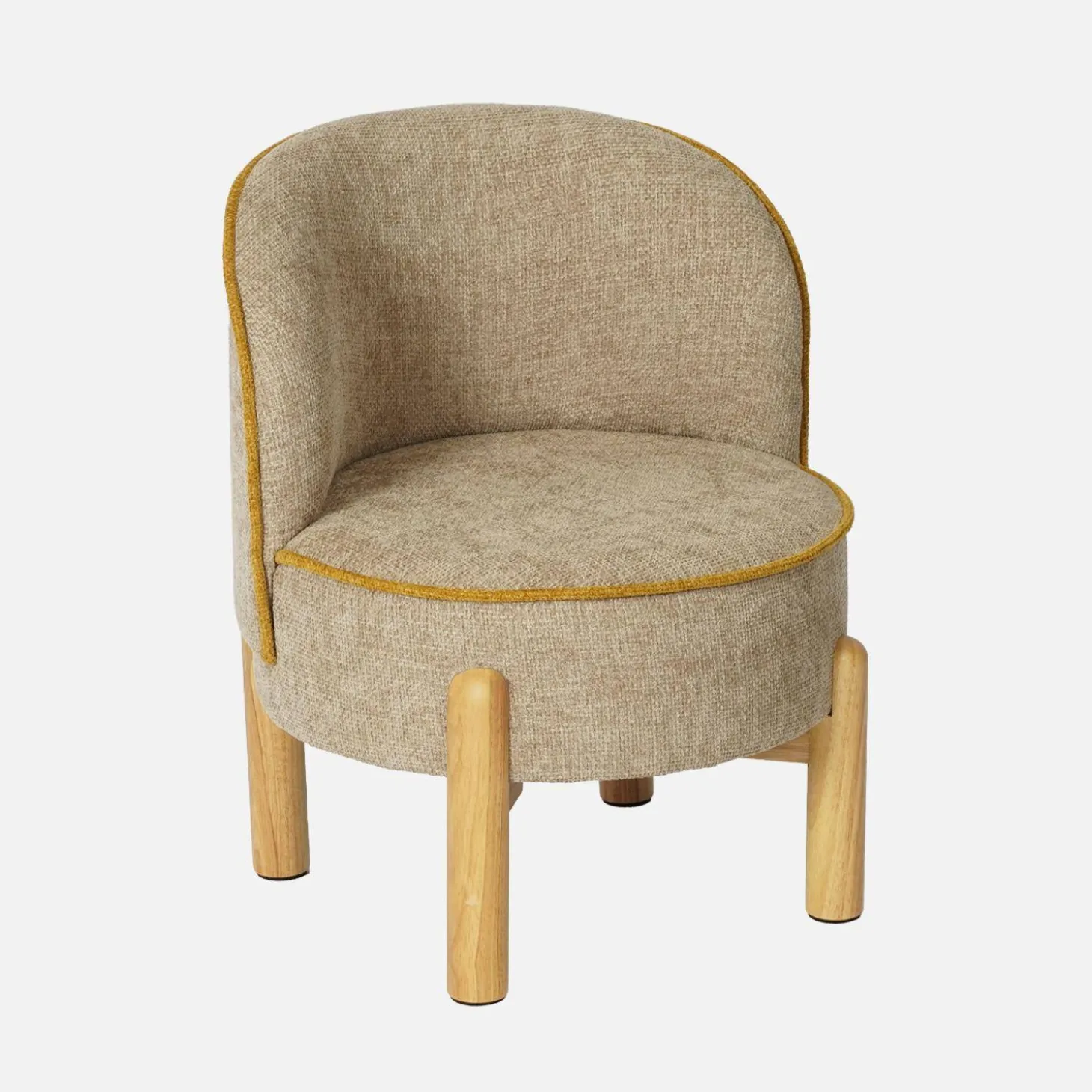 Vintage kinderstoel van rubberhout met chenille stof