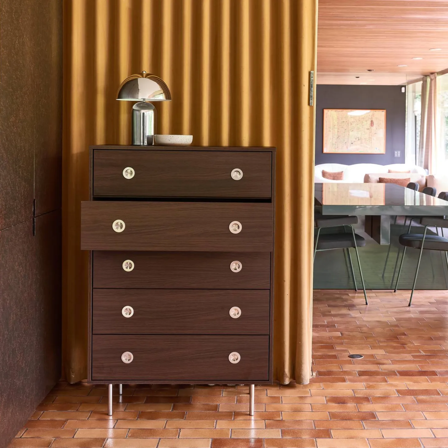 Vintage ladekast 5 lades houtdecor en roestvrij staal 80cm
