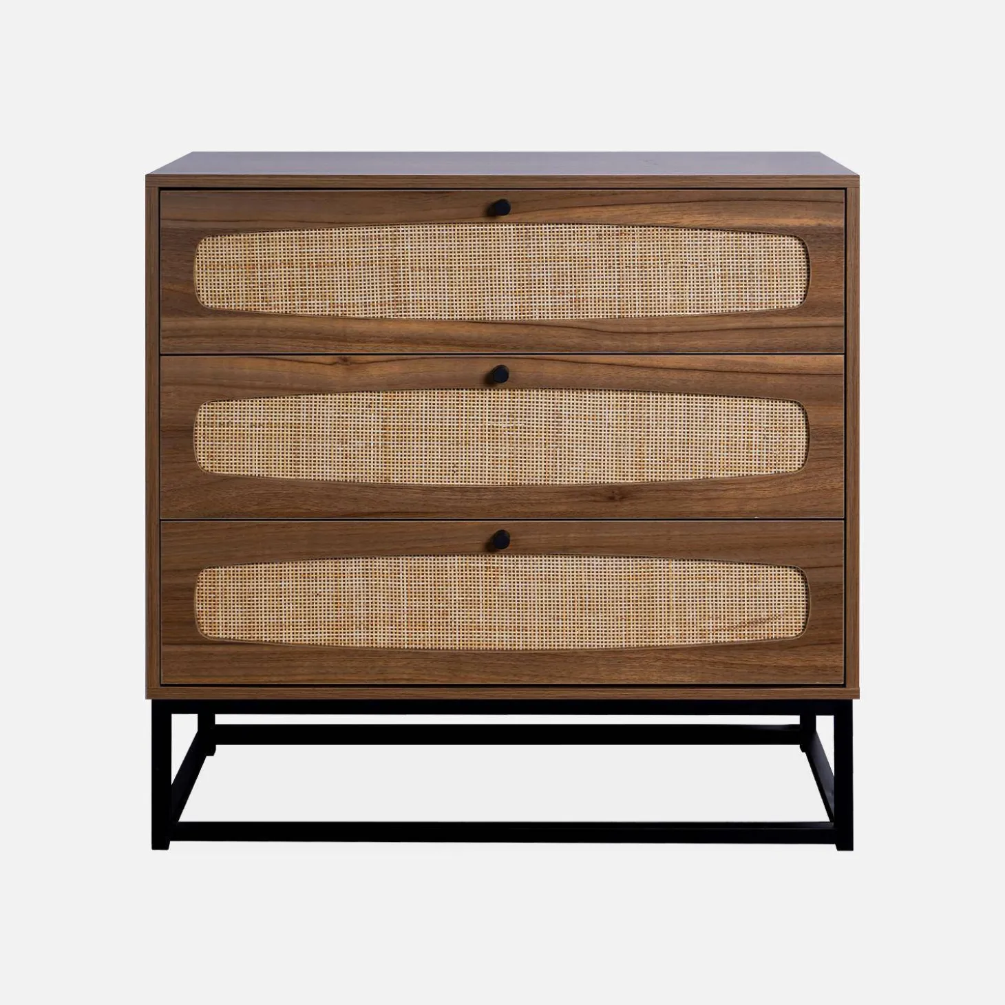 Vintage ladekast 3 lades houtdecor rotan en metaal 80cm