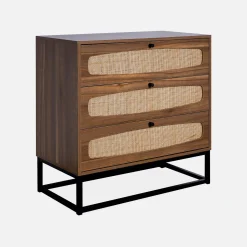 Vintage ladekast 3 lades houtdecor rotan en metaal 80cm
