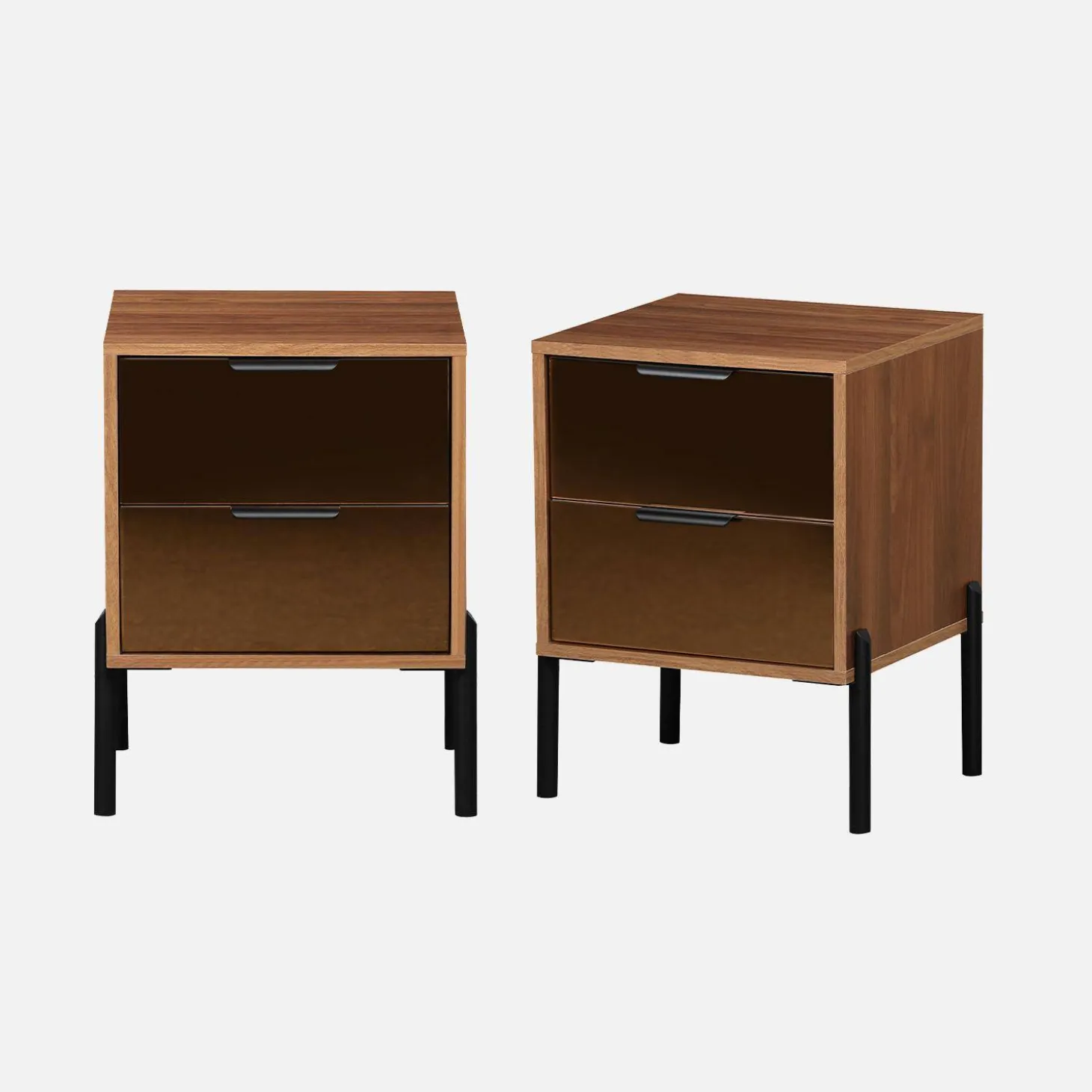 Vintage nachtkastje met 2 laden, houteffect en rookkleurig glas(set van 2)