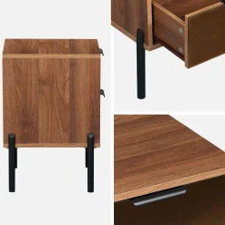 Vintage nachtkastje met 2 laden, houteffect en rookkleurig glas(set van 2)