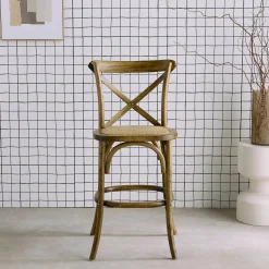 Vintage rubberhouten bistro barkruk met voetensteun