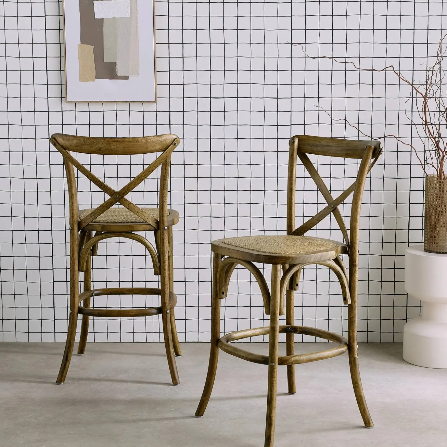 Vintage rubberhouten bistro barkrukken met voetensteun (set van 2)