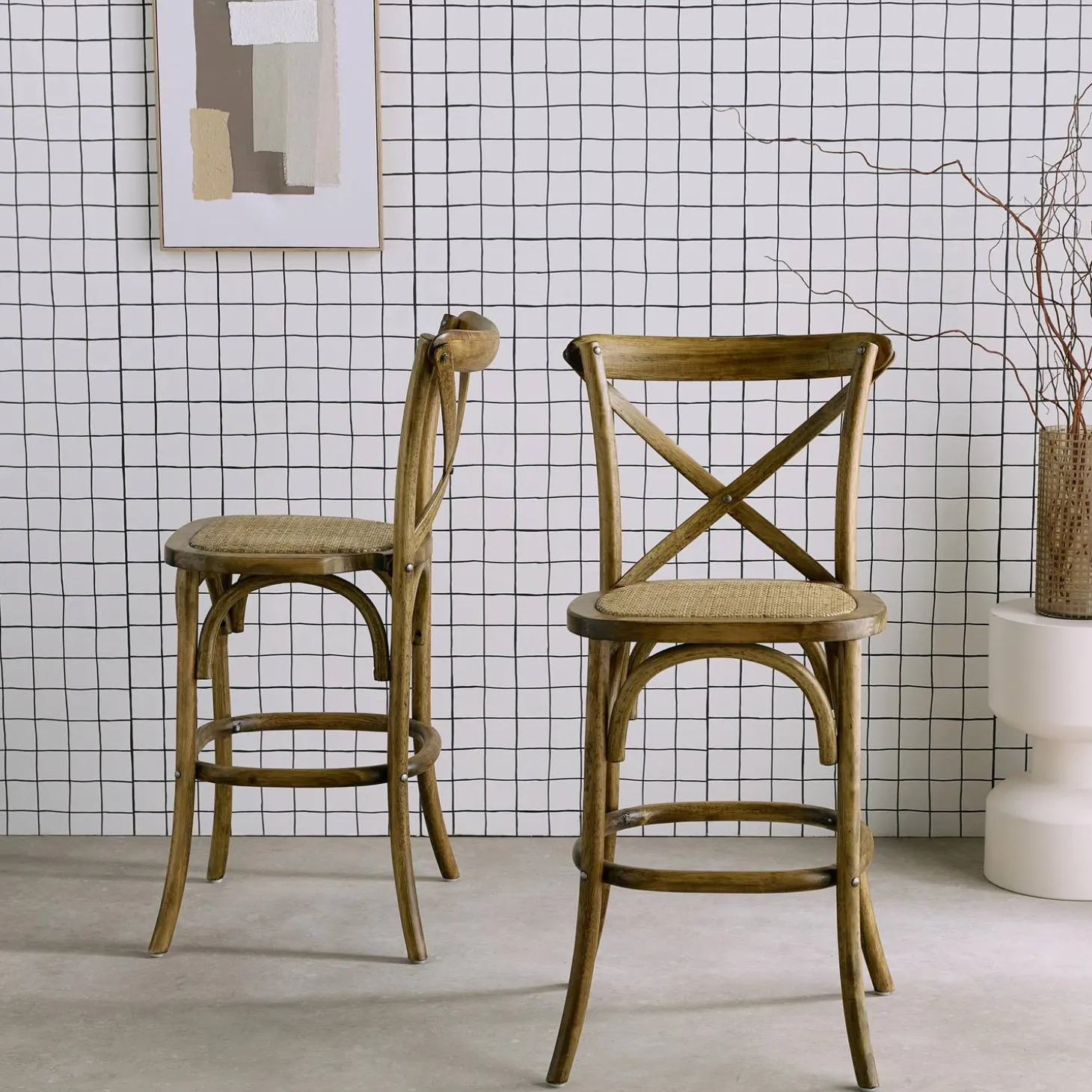 Vintage rubberhouten bistro barkrukken met voetensteun (set van 2)