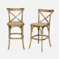 Vintage rubberhouten bistro barkrukken met voetensteun (set van 2)