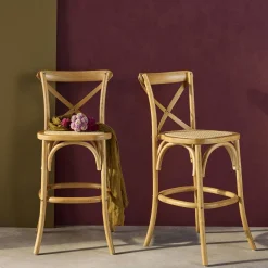 Vintage rubberhouten bistro barkrukken met voetensteun (set van 2)