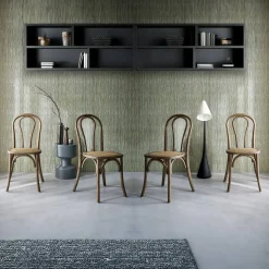 Vintage rubberhouten en rotan stoelen (set van 4)