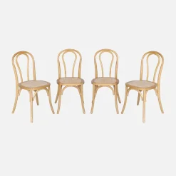 Vintage rubberhouten en rotan stoelen (set van 4)