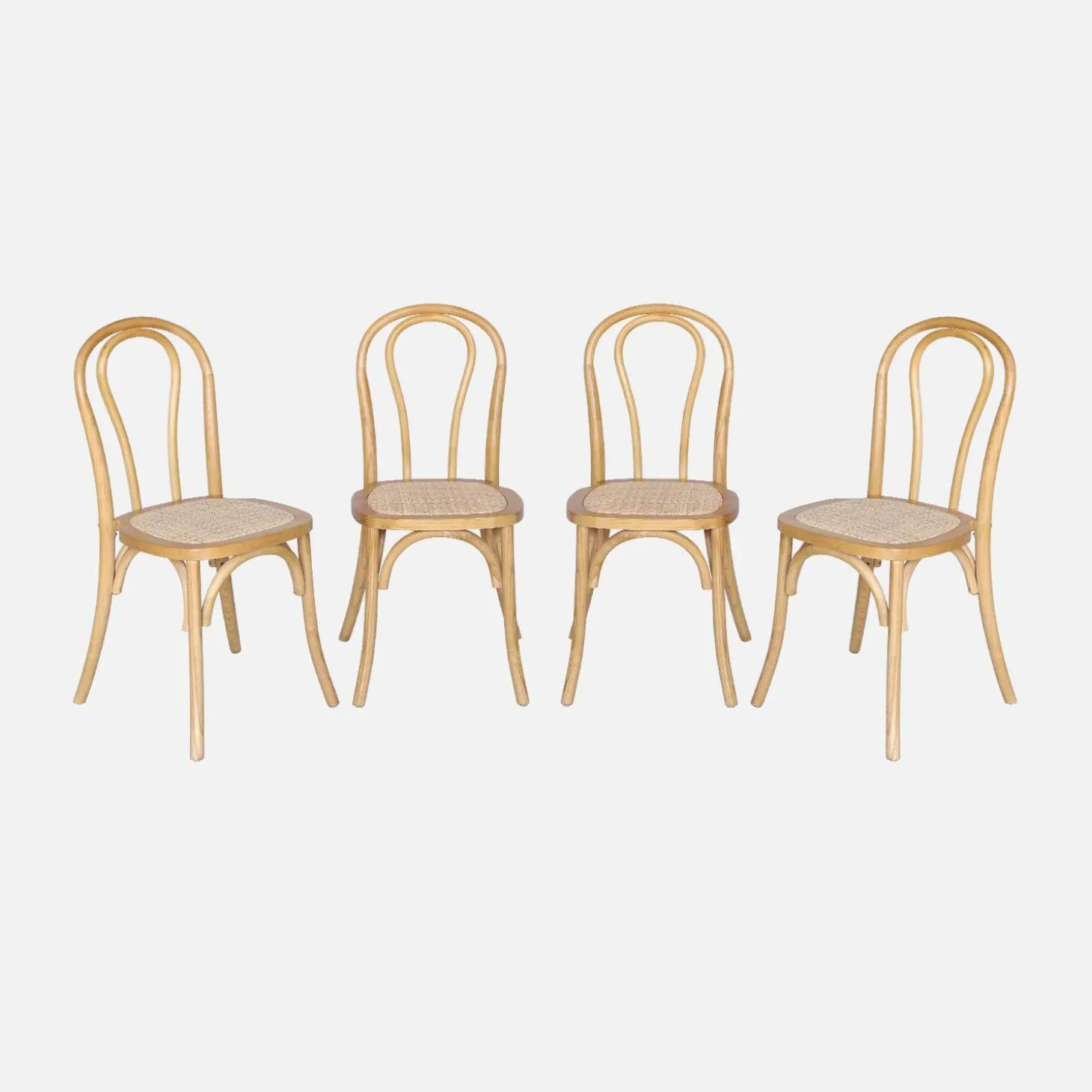 Vintage rubberhouten en rotan stoelen (set van 4)