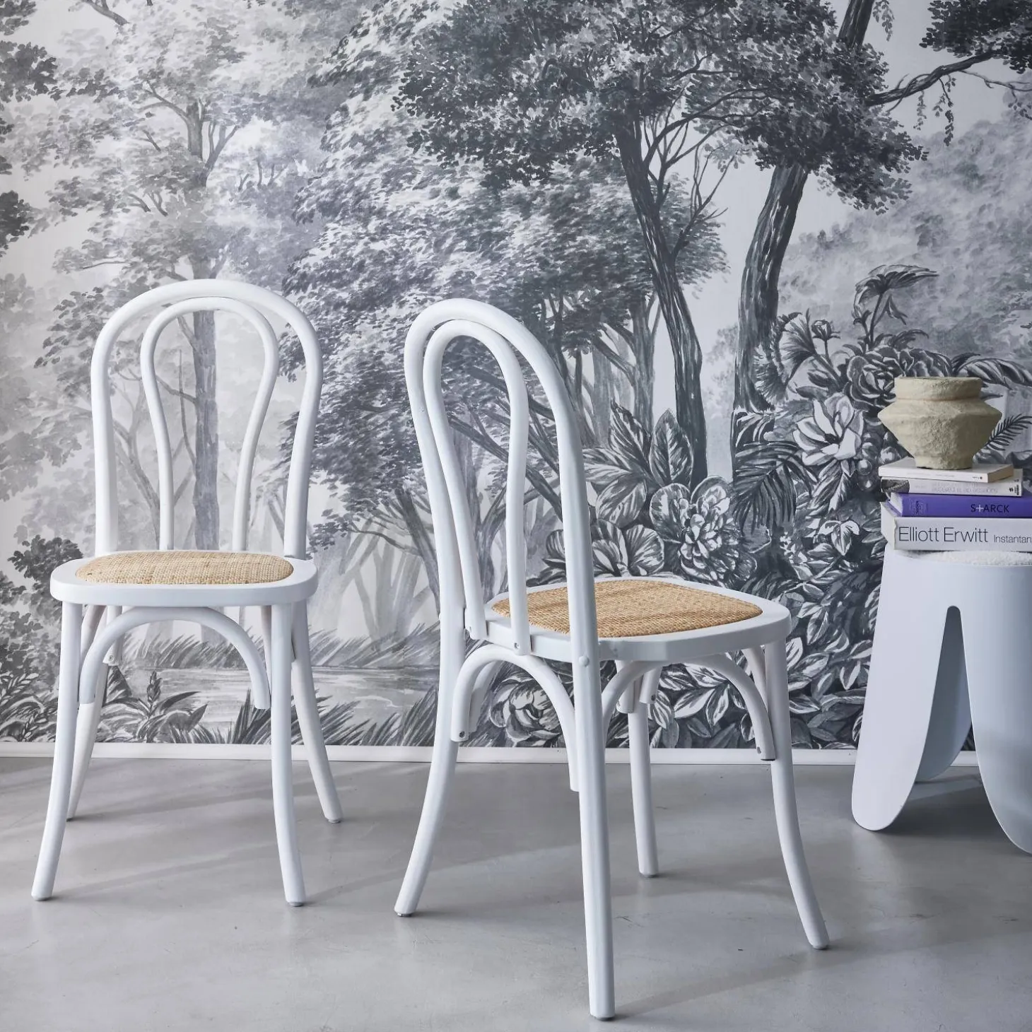 Vintage rubberhouten en rotan stoelen (set van 2)