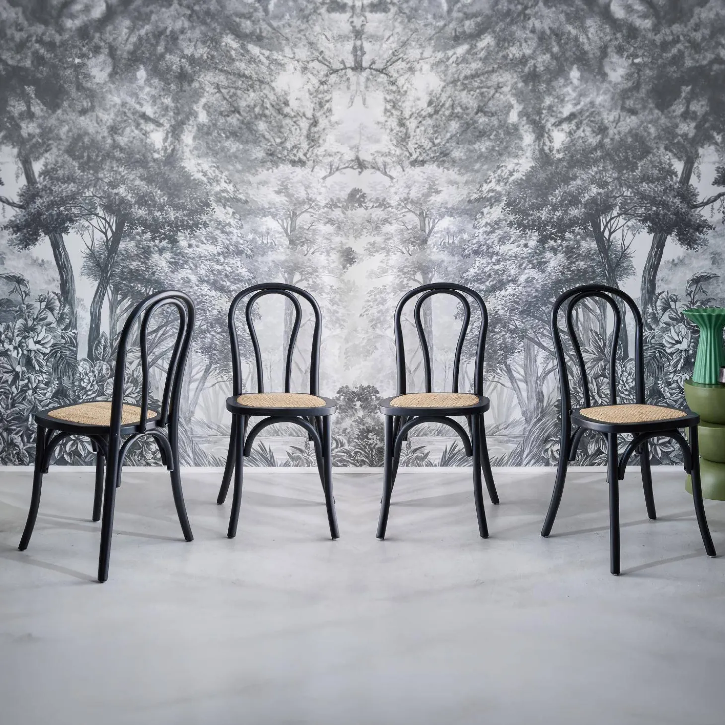 Vintage rubberhouten en rotan stoelen (set van 4)