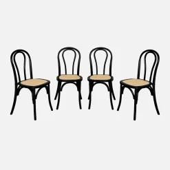 Vintage rubberhouten en rotan stoelen (set van 4)