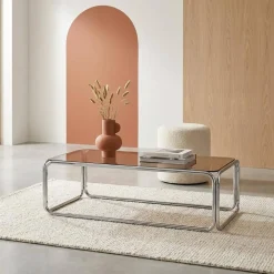 Vintage salontafel van gehard glas en verchroomd staal