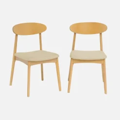 Vintage stoel van naturelkleurig rubberhout en stof (set van 2)