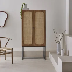 Vintage wandkast 2 deuren houtdecor rotan en metaal 80cm