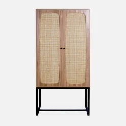 Vintage wandkast 2 deuren houtdecor rotan en metaal 80cm