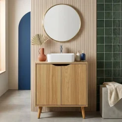 Vintage wastafelonderkast met houtdecor