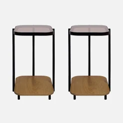 Vintage zwarte metalen bankeinden met glazen bovenkant en houtdecor (set van 2)