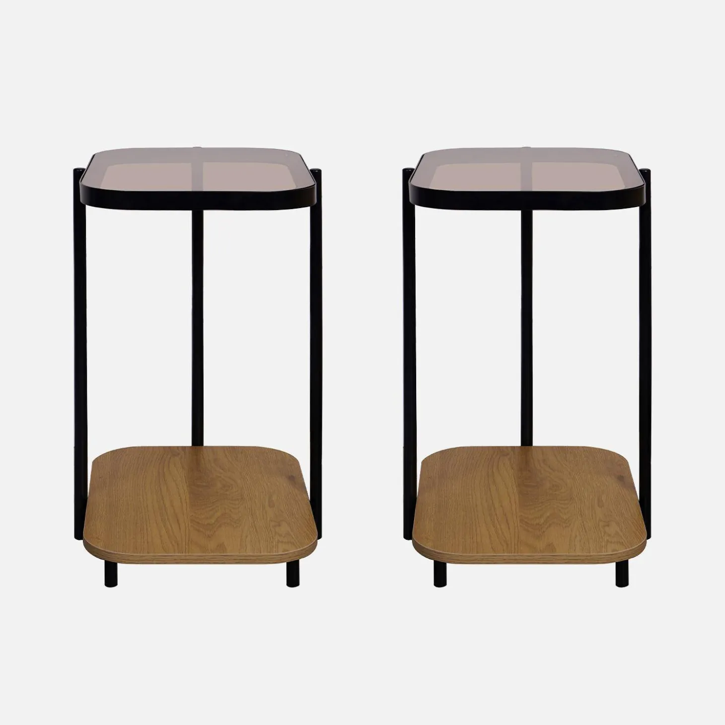 Vintage zwarte metalen bankeinden met glazen bovenkant en houtdecor (set van 2)