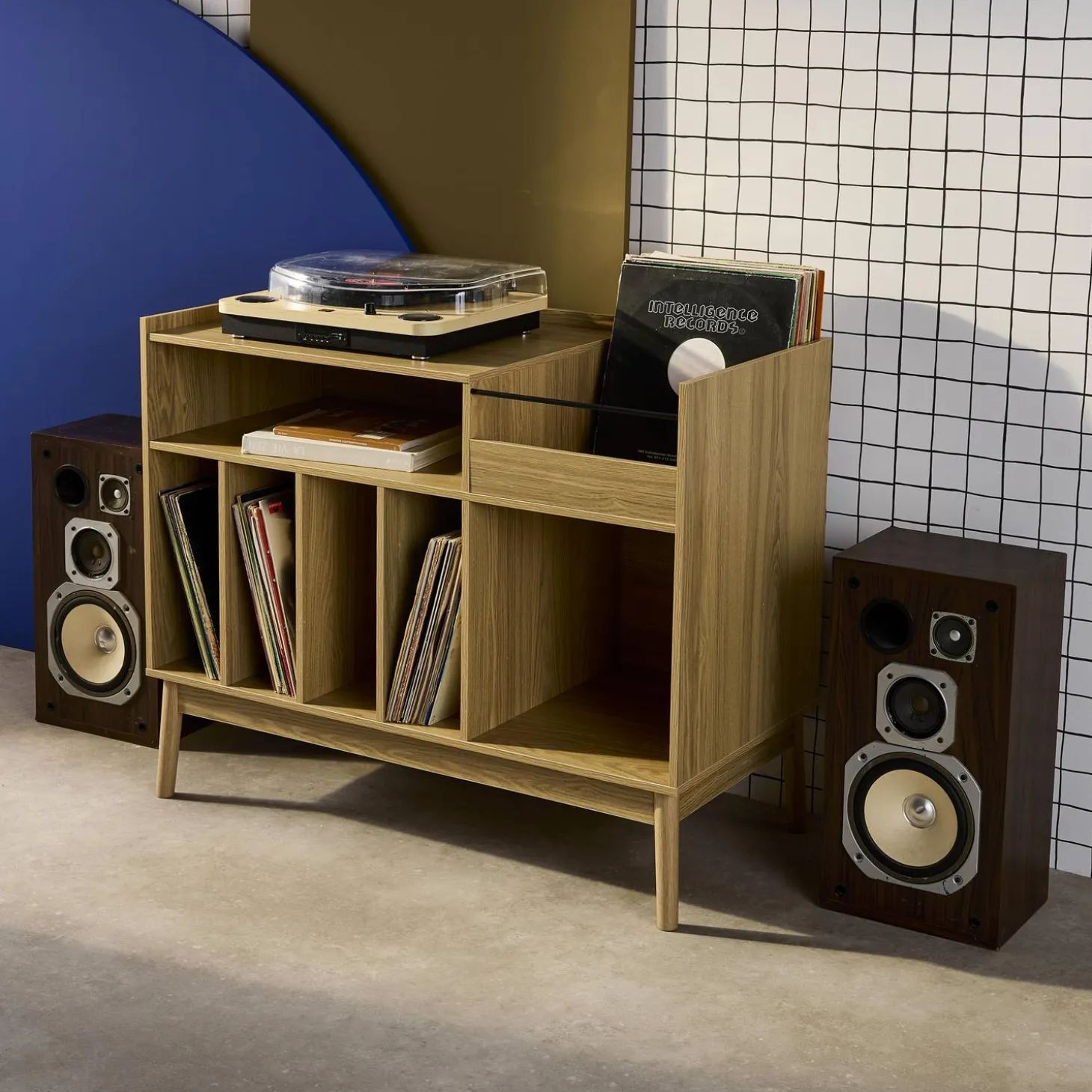 Vinyl opbergmeubel met houtdecor